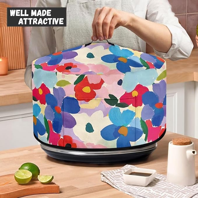 Colorful Floral Painting Print Slow Cooker Dust Cover with Side Pocket for Small Kitchen Appliance Dust Protection Kitchen Dust Cover Easy to Clean, 16 x 14 x 9.6 inch