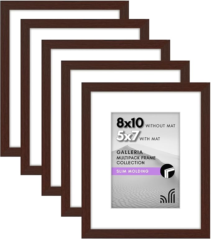 Americanflat 8x10 Picture Frame with Polished Plexiglass - Set of 5 - Use as 5x7 Frame with Mat or Display 8x10 Photo Without Mat - Galleria Collection - Picture Frames for Tabletop or Wall - Mahogany