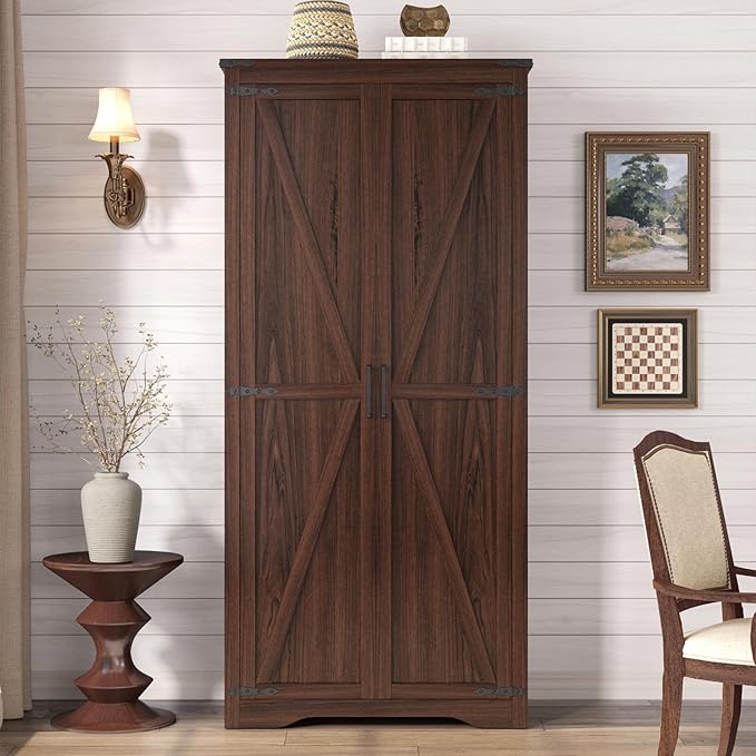 Tall Storage Cabinet with Adjustable Shelves, Farmhouse Pantry Organize with 2 Barn Doors, Large Freestanding Cabinet for Kitchen, Garage, Basement, Living, Utility Room, Brown