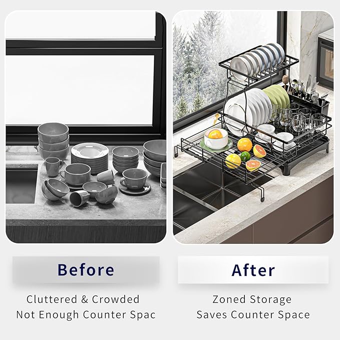 MIKEE 2-Tier Dish Drying Rack for Kitchen Counter, Expandable Rustproof Dish Drainer - Over The Sink Dish Drying Rack with 360° Rotating Drain, Kitchen Utensil Holder, Home and Kitchen Organization