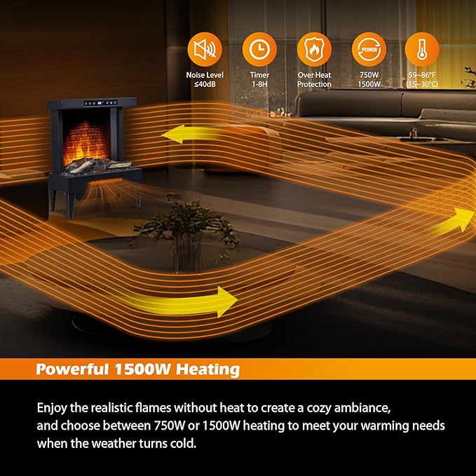 Freestanding Electric Fireplace Stove with Remote & Touch Control, 1500W Heater with Adjustable Timer & Thermostat 95°F, Realistic 3D Flame, 8-Hour Timer, Independent Flame,Overheat Protection