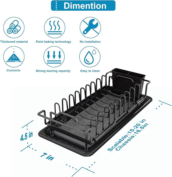 Sink Dish Drying Rack - Expandable Over Sink (15"-20" Fit), Diatomaceous Earth Tray for No-Drain Drying! Compact Dish Drainer for Small Kitchens, Apartments & RVs(Black)