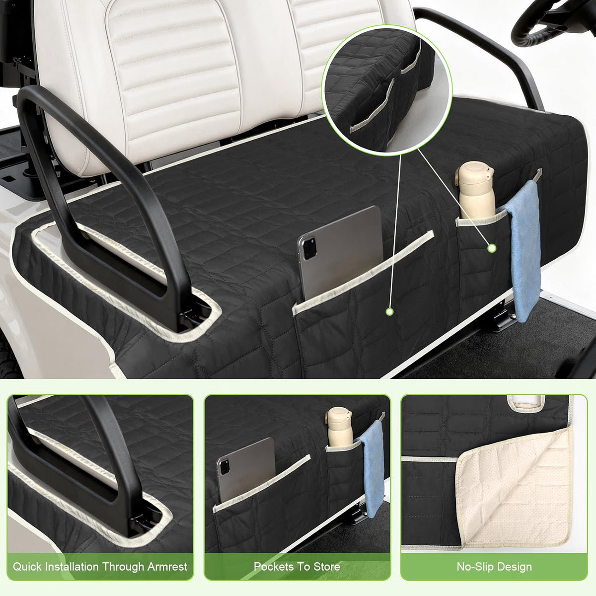 Golf Cart Seat Cover, Universal Bench Seat Cover with Storage Pockets, Non-Slip Seat Protector for Golf Cart, Fits EZGO Club Car Yamaha, Easy Install, Black