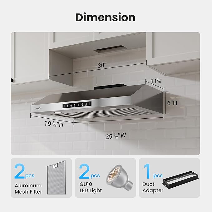 Range Hood 30 Inch Under Cabinet, 900CFM Stainless Steel Kitchen Stove Vent Hood, Touch/Gesture Control, 3 Speed Exhaust Fan, LED Lights, Reusable 5-Layer Aluminum Filters