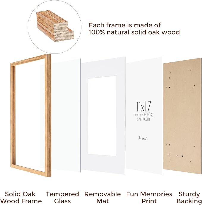 11x17 Picture Frame Set of 3, Solid Oak Wood Photo Frames 11"x17", 11 by 17 Poster Frames for Wall, 11 x 17 Frame with Mat for 8 x 12, Tempered Real Glass, 11x17 Inch Wood Frames (Oak Color, 3 Pack)