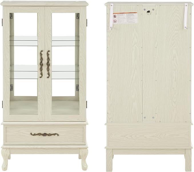 51" H Lighted Curio Cabinet Display Case, Glass Curio Cabinet with Adjustable Shelves,Tempered Glass Door and Drawer, Wooden Cabinets w/Mirrored Back Pane for Living Room (Antique White)