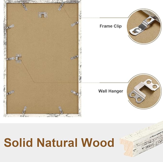 Vittanly 11x17 Picture Frame, Solid Wood Frame with Plexiglass, Includes 8x12 Mat, Wall Hanging for Photos, Home Decor, Distressed White, 1 Pack