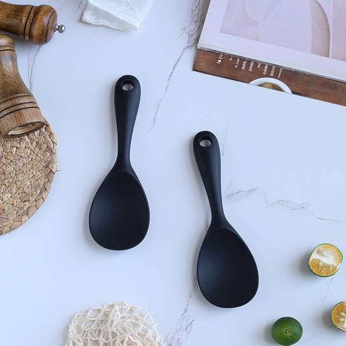 Dioycli Rice Paddle Nonstick Rice Spatula Heat Resistant Silicone Rice Spoon, Kitchen Cooking Black Rice Scooper for Soup, Salads, Mashed Potato (2 Pcs)
