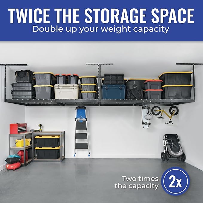 SafeRacks Overhead Storage Rack, Heavy Duty 600 lb Capacity, Adjustable Garage Ceiling Mount Hammertone 24"-45" 2 Pack