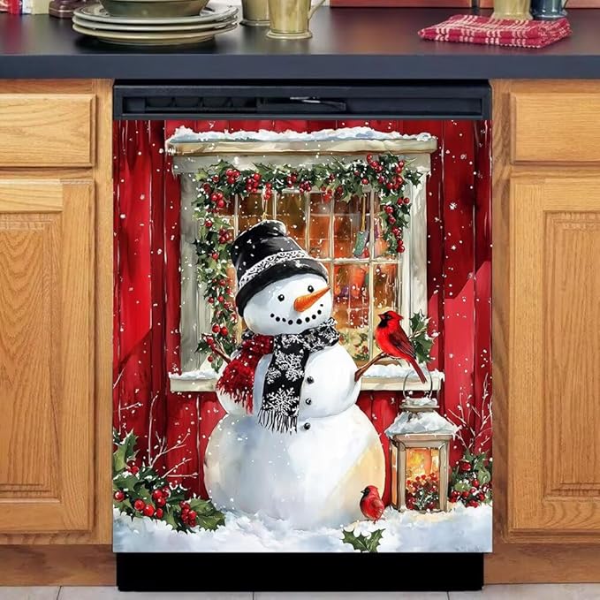 Christmas Snowman Magnetic Dishwasher Cover Vinyl Sticker,Red Barn Winter Scene Dishwasher Magnet Cover, Xmas Bird Fridge Door Cover Magnets Art Skin Panel Decal for Home Decor, 23"X26"
