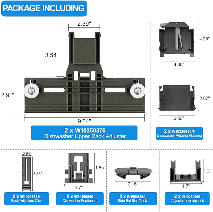 Upgraded W10350376 Dishwasher Upper Rack Adjuster & W10195372 W10195373 Dishrack Adjuster Housing for Kenmore/Whirlpool Dishwasher Parts Top Rack W10350374,W10195840,W10712394 Top Rack Parts,12Packs