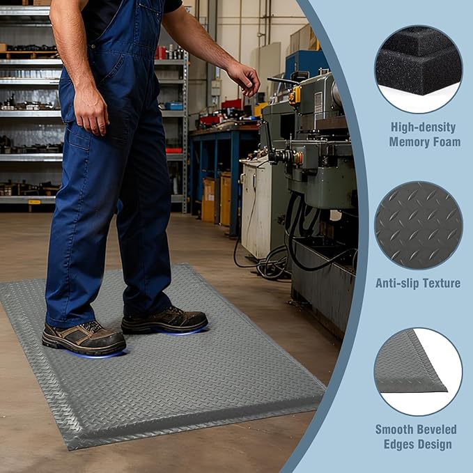Anti Fatigue Mats Industrial 3' x 6' 15/16" Thick Ergonomic Standing Mat Commercial Kitchen Mat Heavy Duty Diamond Plate Cushioned Shop Floor Mats Helps Relieve Back and Leg Soreness, Grey