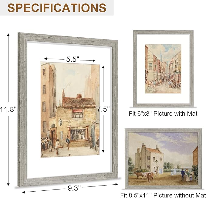 Vittanly 8.5x11 Picture Frame, Solid Wood Frame with Plexiglass, Includes 6x8 Mat, Wall Hanging or Tabletop for Photos, Home Decor, Grey, 1 Pack