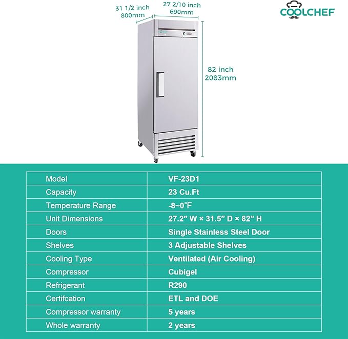 COOLCHEF 27" Commercial Freezer, 23Cu.Ft Single-Door Stainless Steel Reach-In Freezer, -8~0℉, Air Cooling, 3 Shelves, R290, ETL