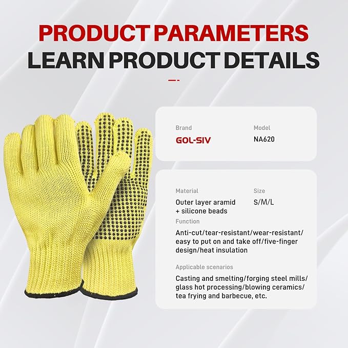 Heat Cut Resistant Gloves,Aramid leather Oven Gloves with Fingers,Heat Resistant Up to 550°F, Thick Knit Grill Mitts (silicone beads, Medium)