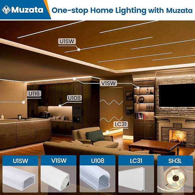 Muzata 20Pack 6.6FT/2M V Shape LED Channel Black Aluminum LED Strip Diffuser Channel with Milky White Cover Corner Lighting Easy Installation V1SW BW 2M
