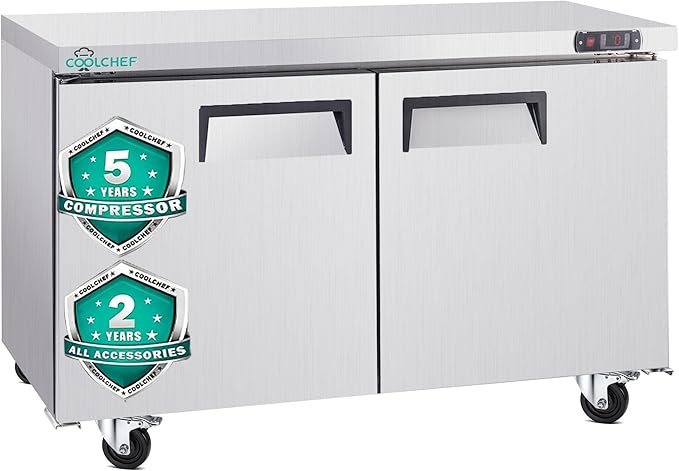 60" Commercial Double Door Worktop Freezer, 17 Cu.ft Stainless Steel Undercounter Freezer, -8–0°F, R290