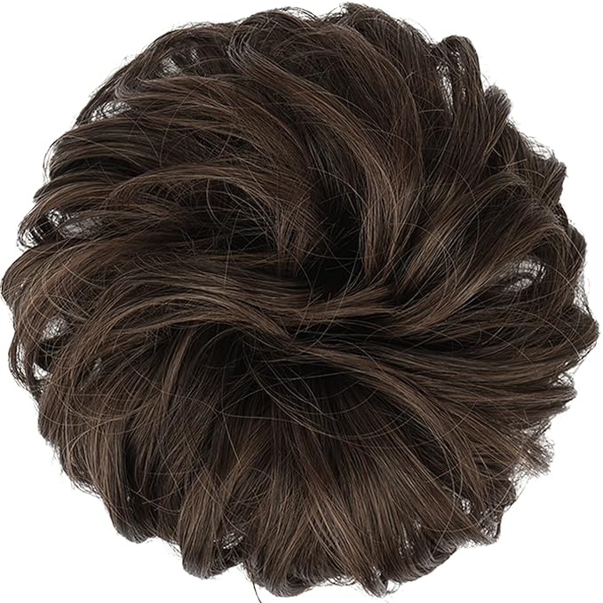 FESHFEN Messy Bun Hair Pieces - Large Wavy Curly Elastic Hair Bun Scrunchies Ponytail Extensions Synthetic Chignon Hairpieces for Women, Dark Brown & Light Auburn Mixed 1.94oz