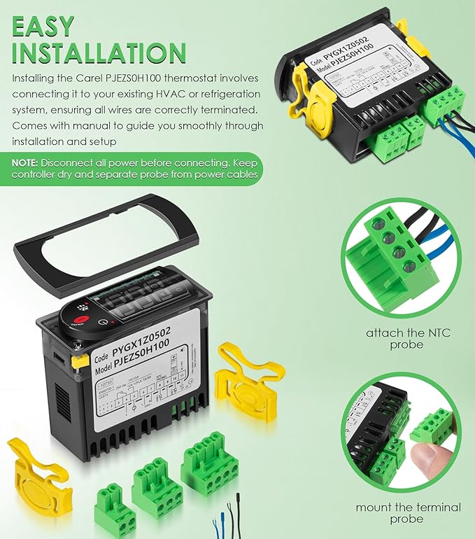 PJEZS0H100 Temperature Controller Fit for Carel and All Refrigerator Types, 115V Digital Thermostat Controller with 2 NTC Temperature Sensor Probes