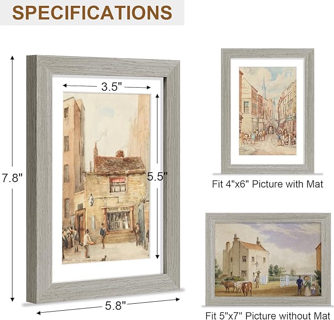 Vittanly 5x7 Picture Frame, Solid Wood Frame with Plexiglass, Includes 4x6 Mat, Wall Hanging or Tabletop for Home Decor, Grey, 1 Pack