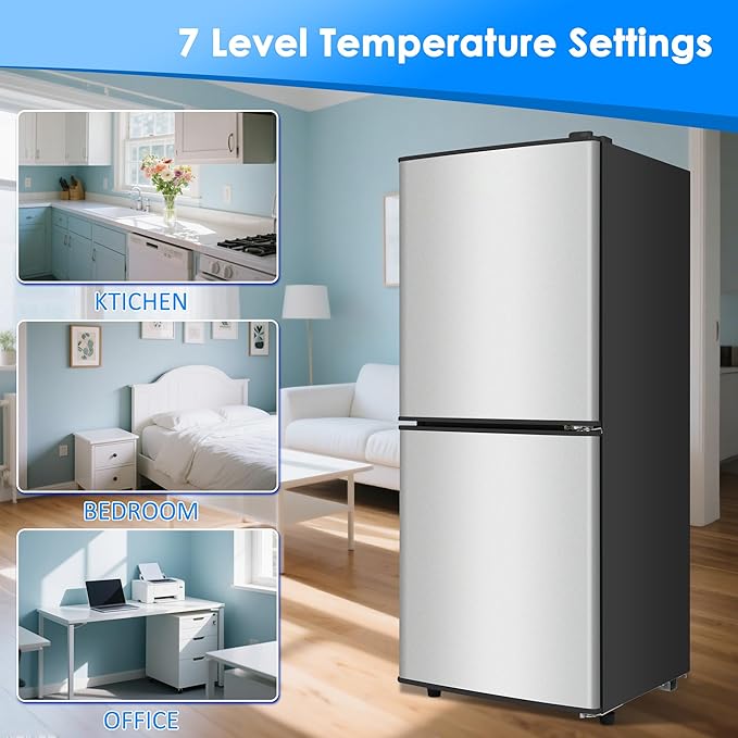4.3 Cu. Ft. Compact Fridge with Freezer, Double Door Small Refrigerator with Adjustable 7-Level Thermostat, Mini Refrigerator for Kitchen, College, Apartment, Office, Silver