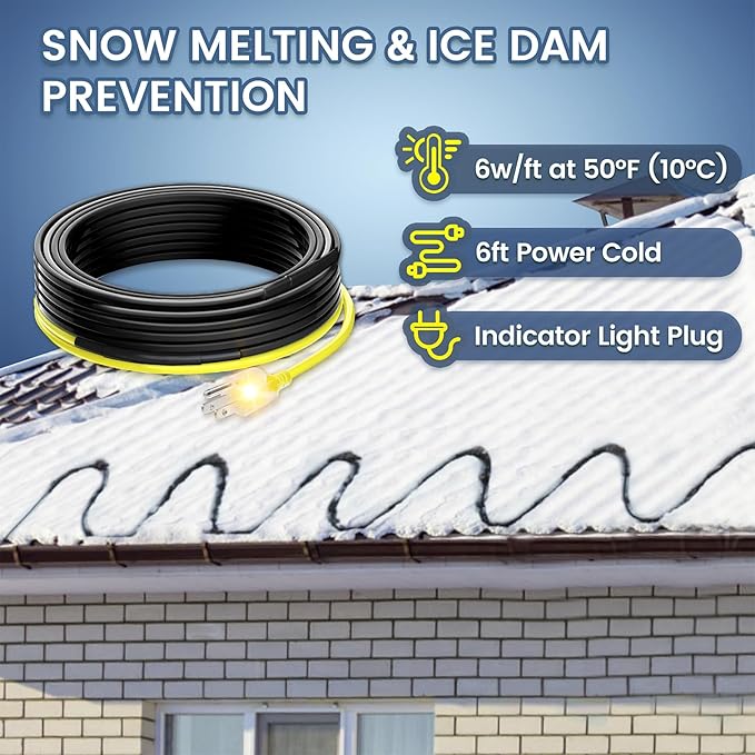 50 FT Gutter Heat Cable Kit, YeloDeer 6 W/FT Heat Tape for Roof and Gutters, Self-Regulating Roof Melt Heating Snow De-Icing Cable, 120V