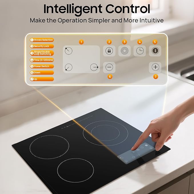 24" Electric Cooktop, 3 Burner Built-In Ceramic Stove Top With Led Display Screen, 9 Heating Levels & Touch-Adjustable Control, 2600W Radiant Electric Cook Top For Kitchen Office Hotel Restaurant Etc