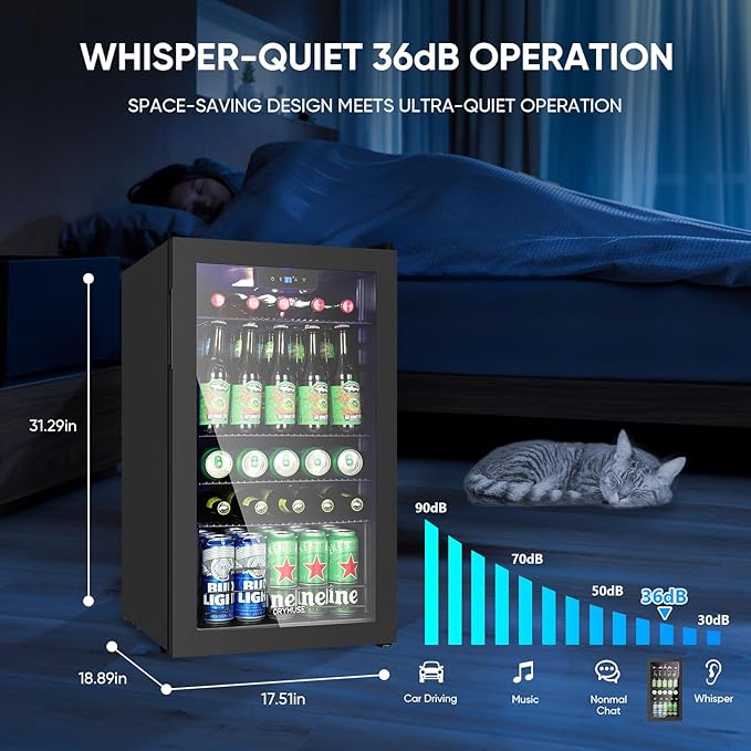 3.2 Cu.Ft Beverage Refrigerator with Compressor Cooling, 130 Can Glass Door Mini Fridge for Soda, Beer & Wine, Adjustable Shelves, Digital Temperature Control, for Home, Office & Bar, Black