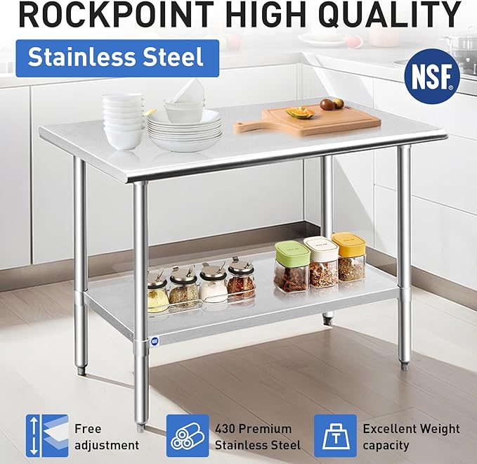 ROCKPOINT Stainless Steel Table for Prep & Work 24x36 Inches, NSF Metal Commercial Kitchen Heavy Duty Table with Adjustable Under Shelf and Table Foot for Restaurant, Home and Hotel
