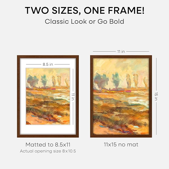 Homeforia 11x15 Brown Picture Frame, High End Dark Oak 11x15 Walnut Poster Frame with Mat 8.5x11, 11 x 15 Wooden Frames Matted to 8 by 11 inch Photo, 15x11 Frames, Tempered Glass, Wall Kit, Set of 2