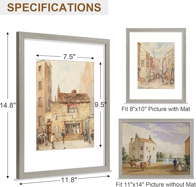Vittanly 11x14 Picture Frame, Solid Wood Frame with Plexiglass, Includes 8x10 Mat, Wall Hanging for Photos, Home Decor, Grey, 1 Pack