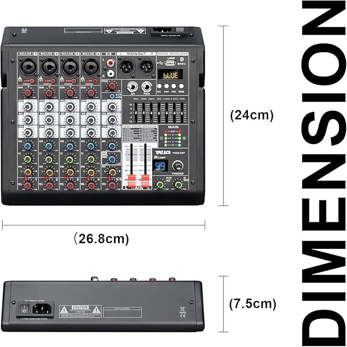 Audio Mixer, 6-Channel Professional DJ Mixer with 99-Bit DSP Effects, 7-Band EQ, 48V Phantom Power, MP3/Computer Input - Studio Audio Mixing Console for Recording & Live Performances