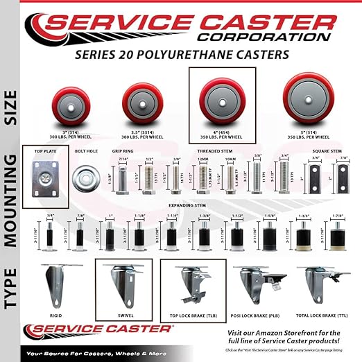 Service Caster Brand Replacement Caster for Uline Caster H-5539SWB - Swivel Top Plate Caster with 4 Inch Red Polyurethane Wheel and Top Lock Brake - Fits Carts, Dollies and Poly Box Trucks H-1956