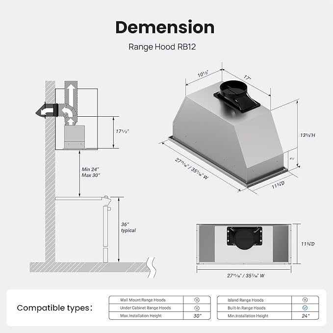 36 inch Built-in/Insert Range Hood 980 CFM, Ducted/Ductless Convertible Duct Stainless Steel Kitchen Vent Hood with 4 Speed Gesture Sensing& Touch Control Panel