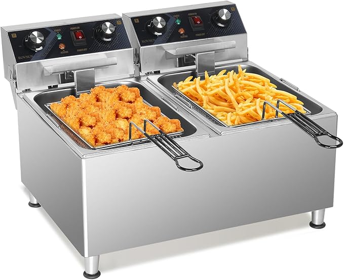 ROVSUN 36QT Electric Deep Fryer 240V, 6600W Dual Tank Commercial Deep Fryer w/ 60-Min Timer Overheat Protection Adjustable Feet, Temp Control & Baskets, Stainless Steel Countertop Fryer for Restaurant