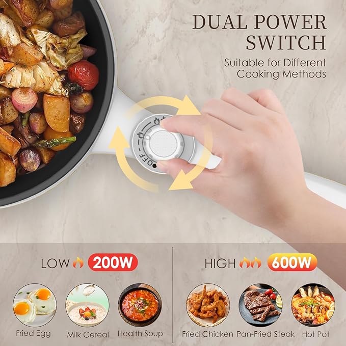 Audecook Hot Pot Electric, 1.7L Mini Electric Skillet Portable Nonstick Sauté Pan with Power Adjustment, Ramen Cooker Travel Multicooker for Steak/Soup/Egg/Oatmeal/Noodles (Tongs for Cooking Included)