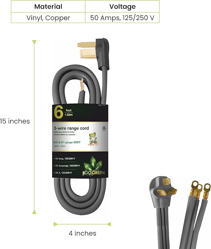 GoGreen Power GG-27006 6' 3 Wire Range Cord, 50 Amp