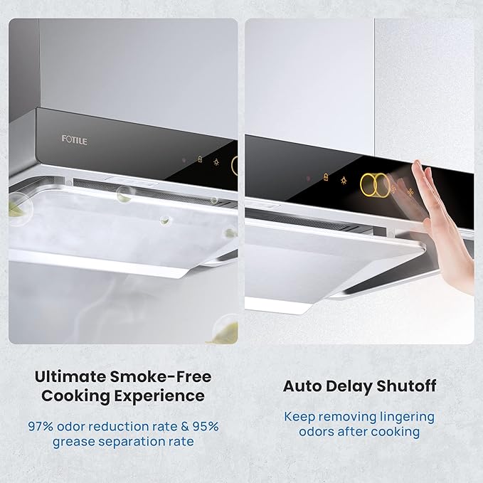 FOTILE EMS6008-CR 24" Wall-mount Recirculating Range Hood with Touchscreen, 3 Speed-settings and Auto Turbo Mode | Manual-adjustable Capture Shield Technology | Delay Shuoff and Detachable Oil Plate