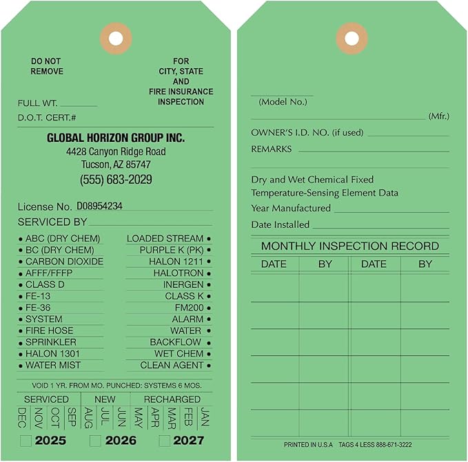 Tags 4 Less Custom Fire Extinguisher Tags – Preventative Maintenance Labels for Monthly Inspections, Alternative to Safety Sticker for Easy Record-Keeping – Pack of 100 (Light Green, Cardboard)