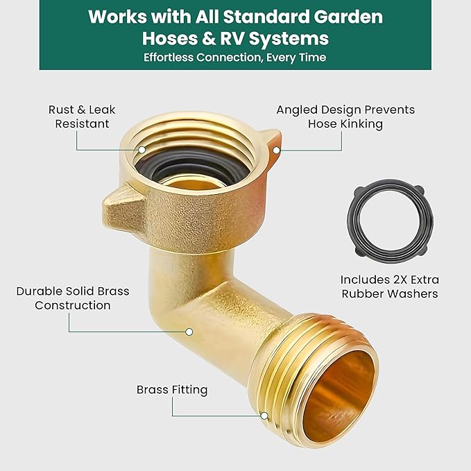 90-Degree Brass Garden Hose Elbow Connector (2-Pack) – 3/4" Heavy-Duty Hose Adapter with Extra Washers, Solid Brass Angled Fitting for RVs, Outdoor Faucets, Spigots & Lawn Irrigation