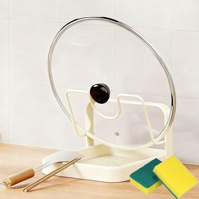 Kitchen Pot Lid Storage Rack, Heat-Resistant Pot Lid Holder While Cooking with Tray, Multifunctional Pot Lid Holder Organizer Rack, Lid and Spoon Rest for Countertop, Stove Top (Single-layer Beige)