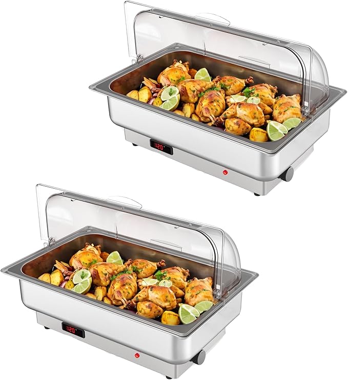 GarveeHome 2 Pack Electric Chafing Dishes Buffet Set 9 QT Full Size, NSF Stainless Steel Roll Top Catering Chafer Server Food Warmer with Cover for Party Wedding Banquet