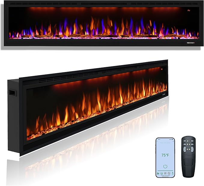 74 inch Electric Fireplace, Smart Fireplace Insert recessed in Wall and Wall Mounted fire Place Heater with Metal Frame, Multicolor Flame & Realistic logs，Thermostat& Timer, 1500W, Black