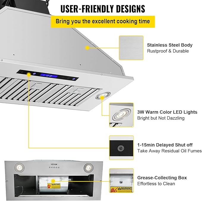 VEVOR Insert Range Hood, 900CFM 4-Speed, 36 Inch Stainless Steel Built-in Kitchen Vent with Touch & Remote Control LED Lights Baffle Filters, Ducted/Ductless Convertible, ETL Listed…