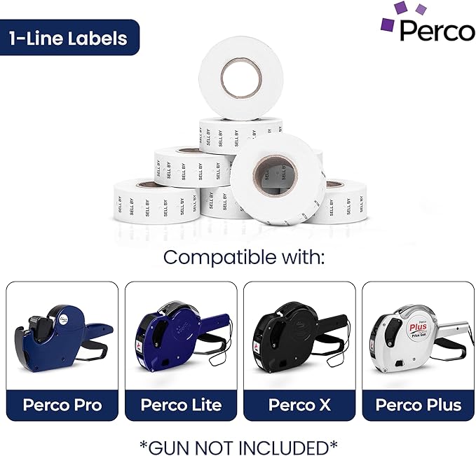 Perco 1 Line Sell by Labels - 8 Rolls, 1 Sleeve, 8,000 Blank Date Gun Labels for Perco Lite, X, Plus and Pro 1 Line Date Guns - Made in USA