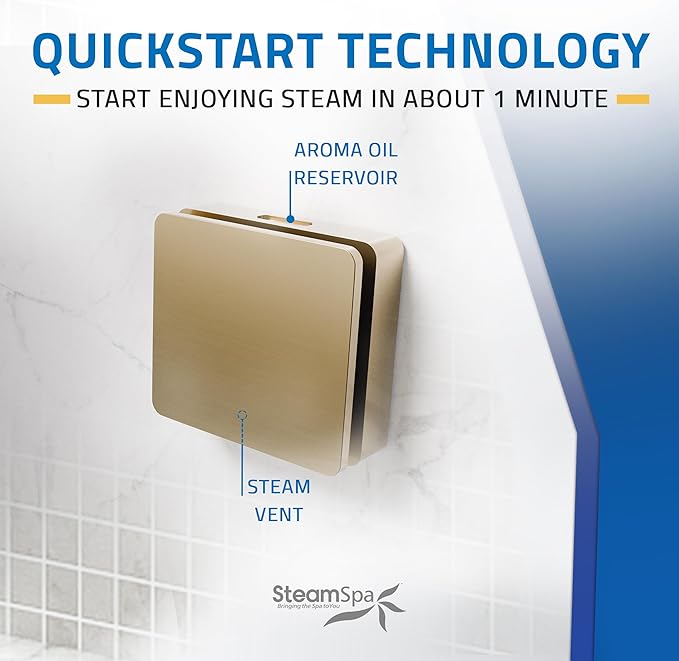SteamSpa Steam System 7.5kW Steam Shower Generator with Bluetooth Wifi, Quickstart Continous Steam, Advanced Touch Pad Screen, Chroma Lights, Drain Pan and Auto Drain Gold RVBS750GD-A