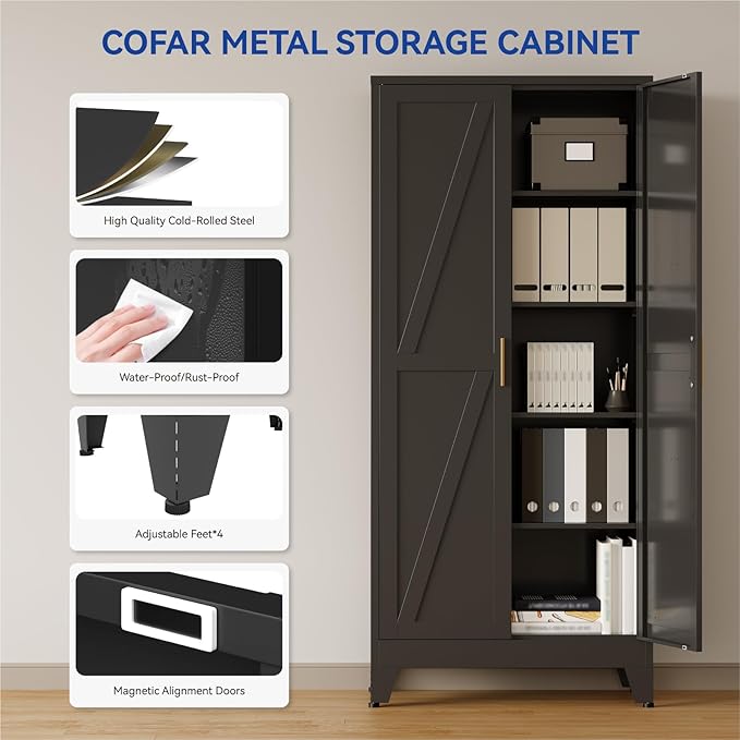 COFaR 71'' Tall Metal Pantry Cabinet, Kitchen Storage Cabinet with Doors and Shelves, Freestanding Farmhouse Food Cupboard for Kitchen Dinning Room Garage, Black 5-Tier