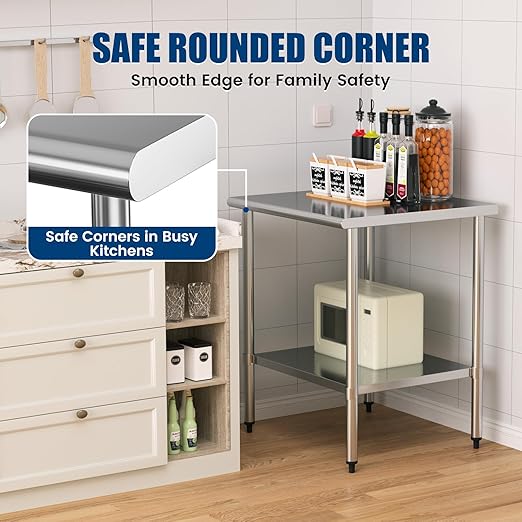 Stainless Steel Work Table 30 x 30 Inch with Adjustable Undershelf, Heavy-Duty Metal Prep Table for Commercial Kitchen & Restaurant, Garage, Outdoor