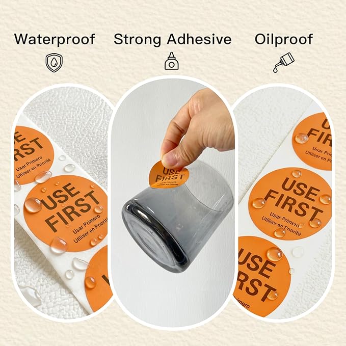 500 Pcs 1.5 Inch Use First Stickers Food Service Roll, Risepekt Orange FIFO Label for Restaurant Inventory Control Management, Permanent Super Adhesive Food Circle Dot Labels, Trilingual Product Label