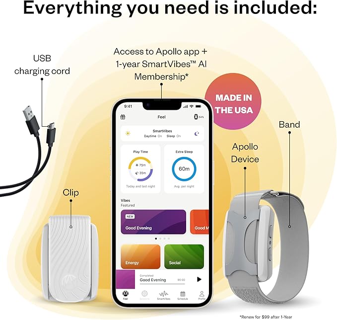 Bundle of Apollo Neuro Wearable (Glacier) & 12-Month SmartVibes AI Membership + Sleep Band (Gray)